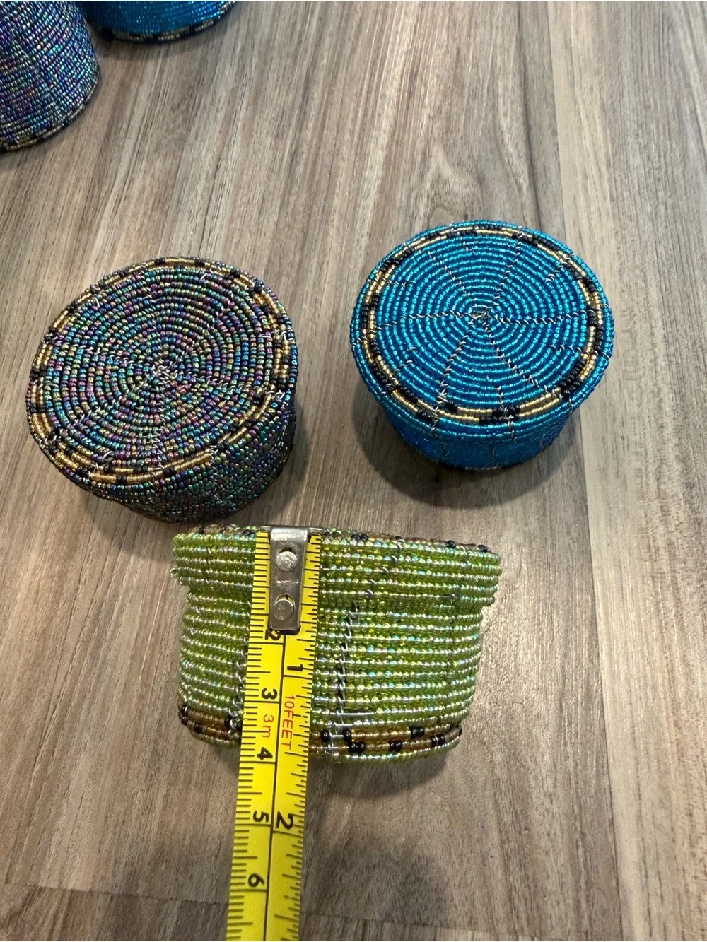 Handwoven Beaded Round Storage Boxes Set - Blue, Green & Multicolor